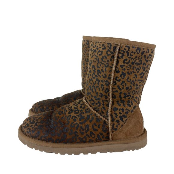 UGG Shoes - UGG Womens Sz 6 Brown Suede Leather Leopard Print Mid Calf Winter Boots